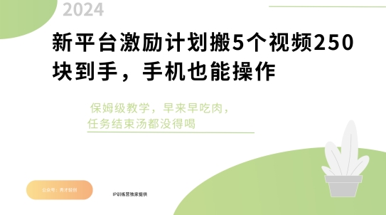 新平台激励计划搬5个视频250块到手，手机也能操作，保姆级教学|赚多多